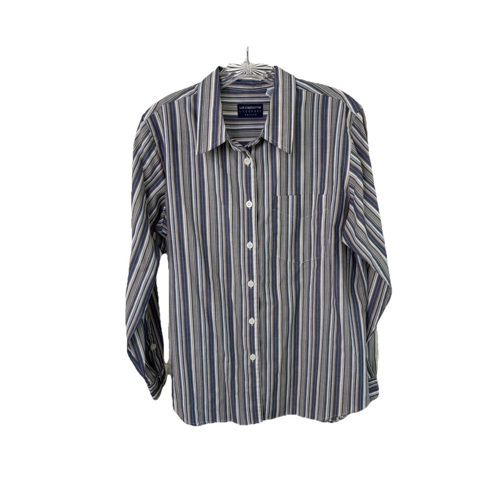 Liz Claiborne Sport Women's Button-Up Vintage Blue White Tan Striped Petite M